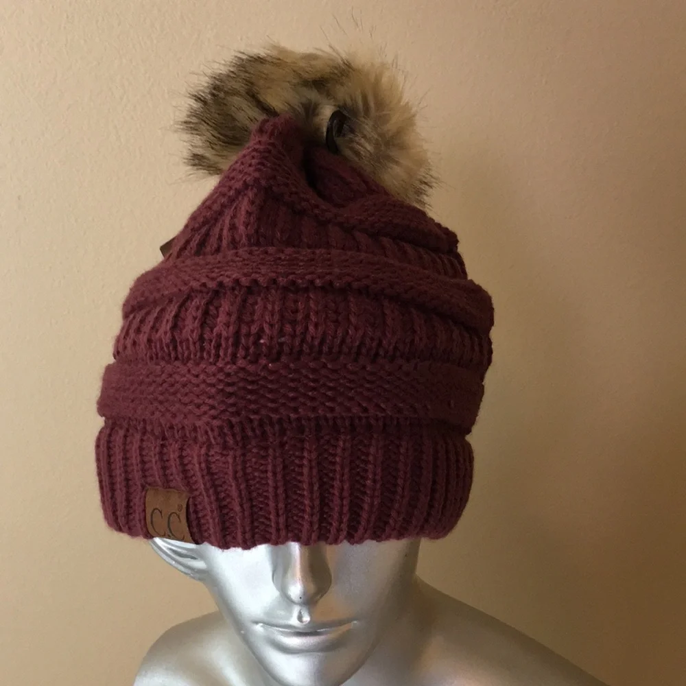 C.C Knit Beanie With Faux Fur Pom